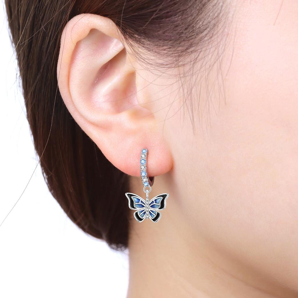 S925 Silver Blue And Black Butterfly Drop Earrings Women Earrings Charm Fashion Versatile Party Jewelry Gifts