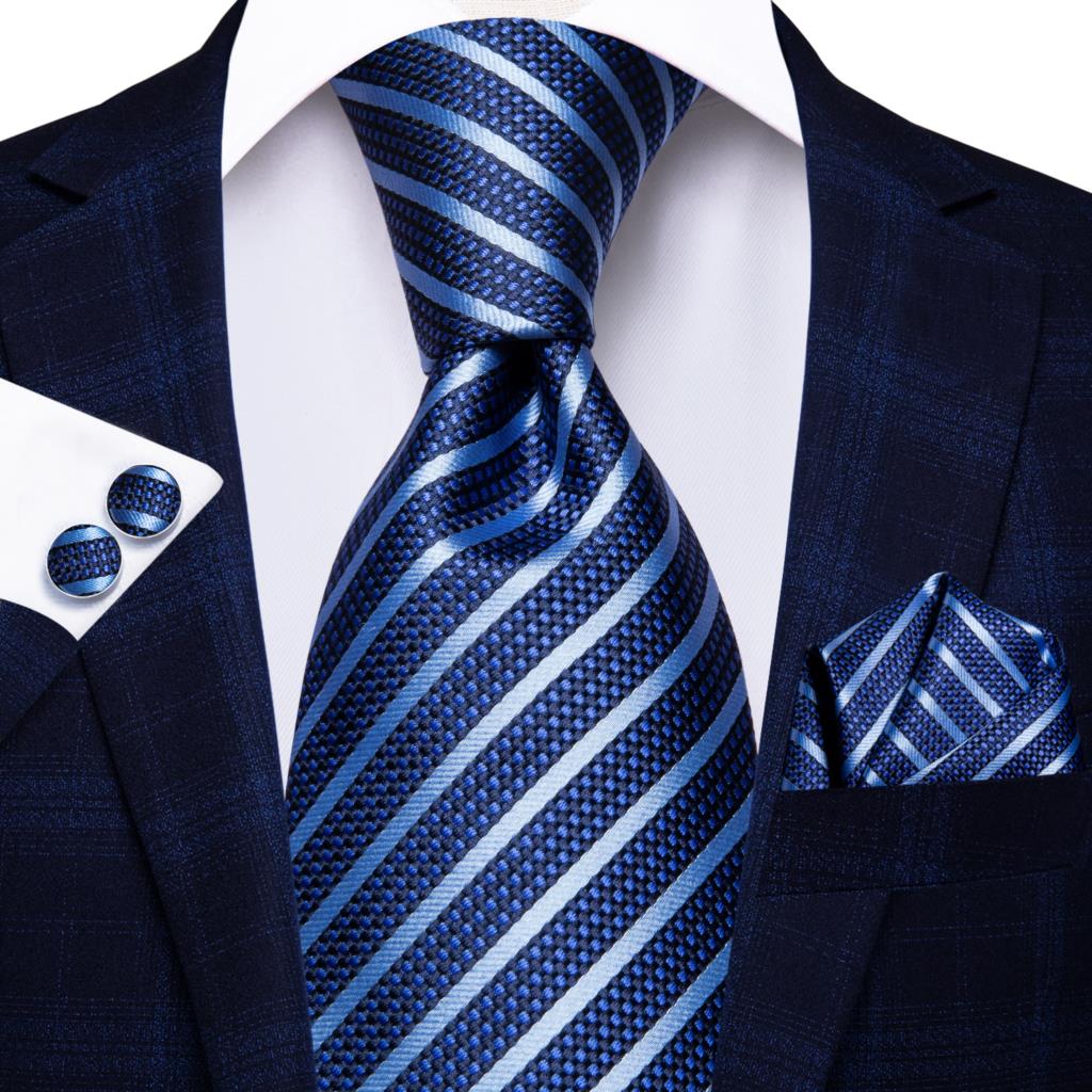 Hi-Tie Navy Blue Striped Silk Wedding Tie For Men Fashion Design Gift Men Necktie Hanky Cufflink Set Business Party Dropshiping