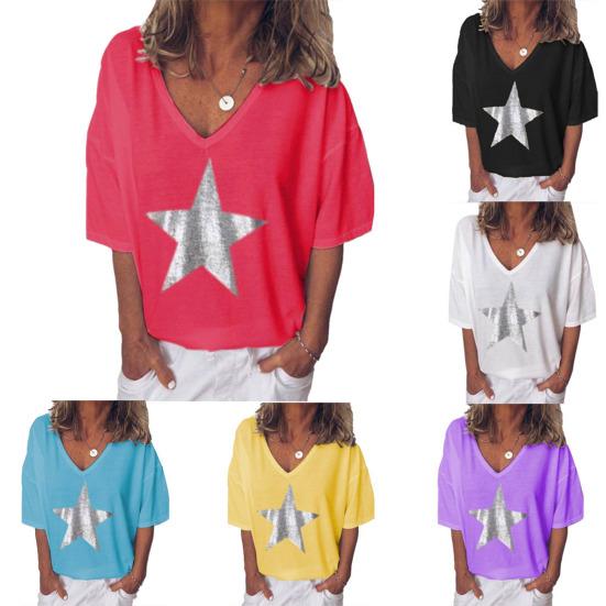 Letní dámské tričko plus size s hvězdicovým výstřihem do V a krátkým rukávem, jednobarevný volný top