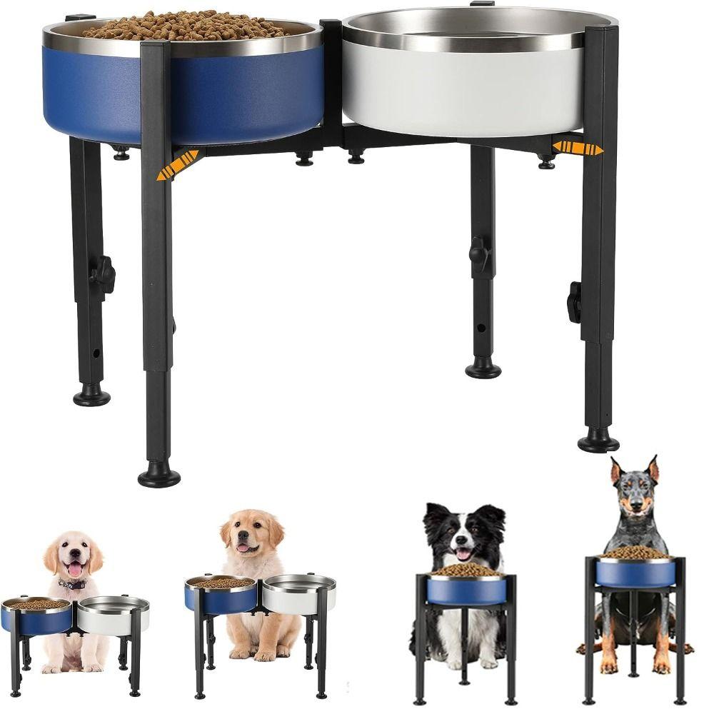 Wrought Iron Dog Bowl Stand Adjustable Width Single/Double Bowls Pet Feeder Rack Protect Cervical Spine Removable