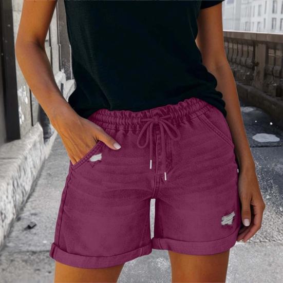 Jean Shorts for Women High Rise Roll Up Hem Straight Leg Distressed Denim Shorts Elastic Waist Drawstring Summer Ripped Hot Shorts with Pockets