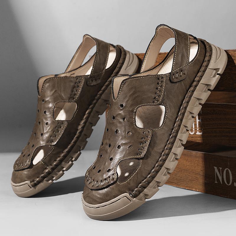 Pánské kožené sandály odolné, ručně vyráběné boty se šitím, neklouzavé boty s uzavřenou špičkou pro vnitřní venkovní pláž