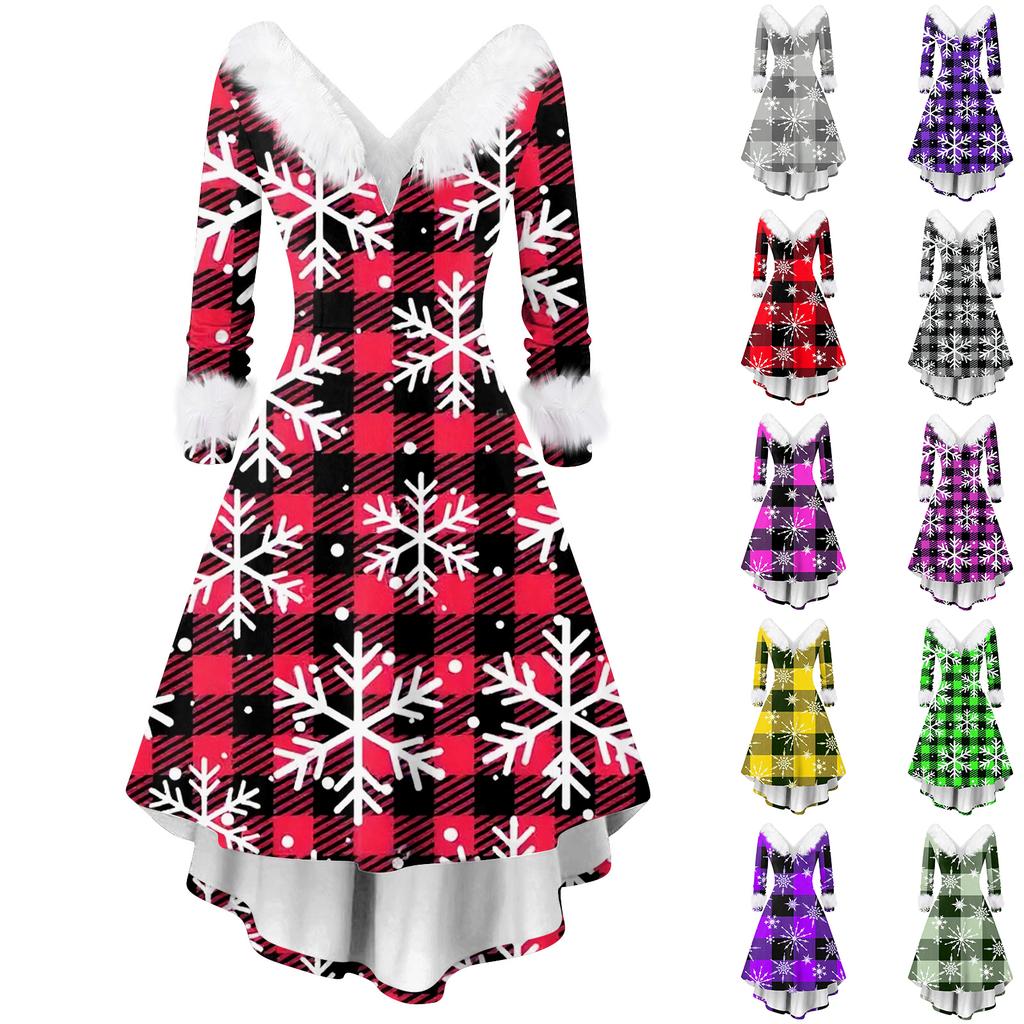 Women's Fashion Casual V-Neck Christmas Print Long Sleeve Dress