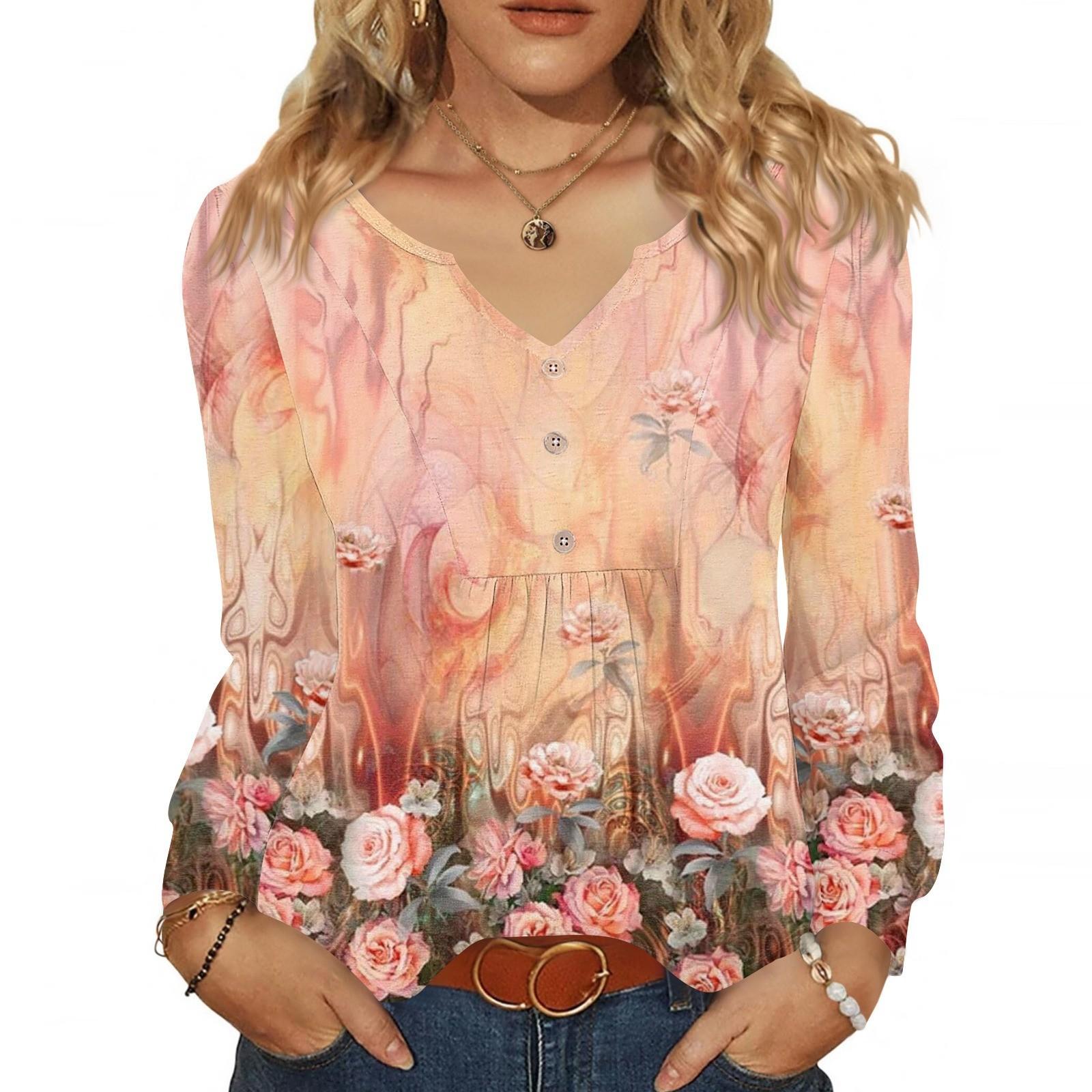 

Женская модная повседневная блузка с V-образным вырезом на пуговицах, с длинным рукавом, пуловер, футболка, топ M