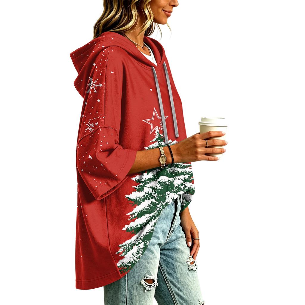 Women's Christmas Print Three-Quarter Sleeve Hooded Pullover Top
