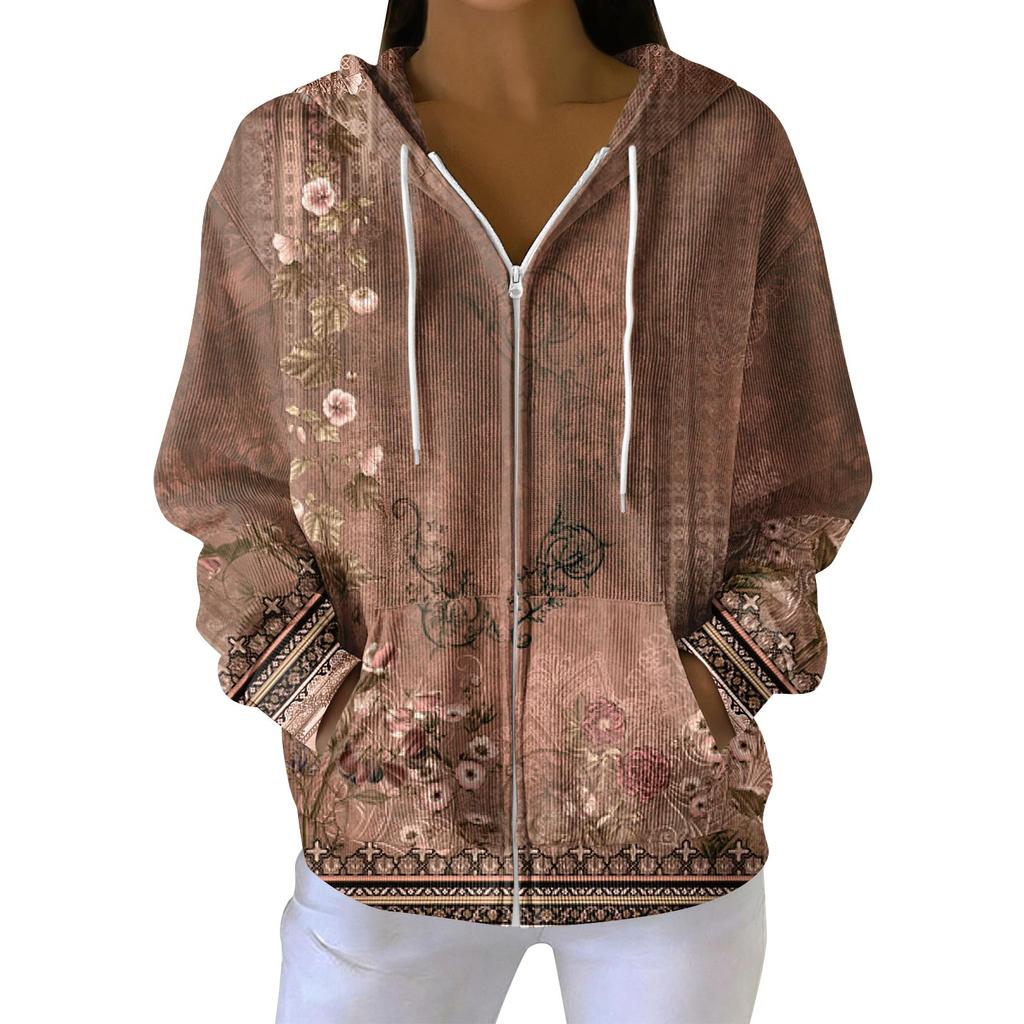 Damen Freizeitmode Langärmiger Strick-Hoodie mit Reißverschluss und Weihnachtsdruck