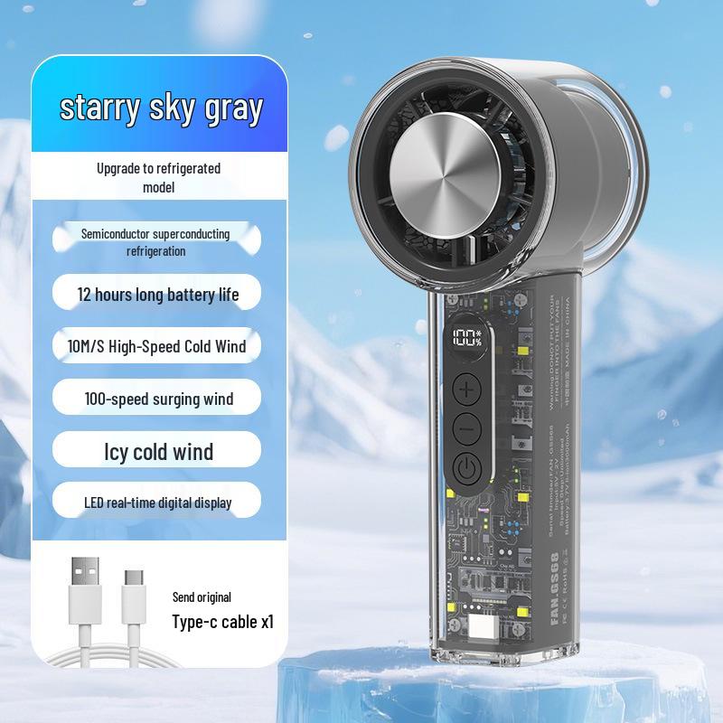 New Portable Ice Feel Handheld Fan - 100-Speed Transparent Cold Compress with Digital Display and High-Speed Wind High-Speed Fan GS68