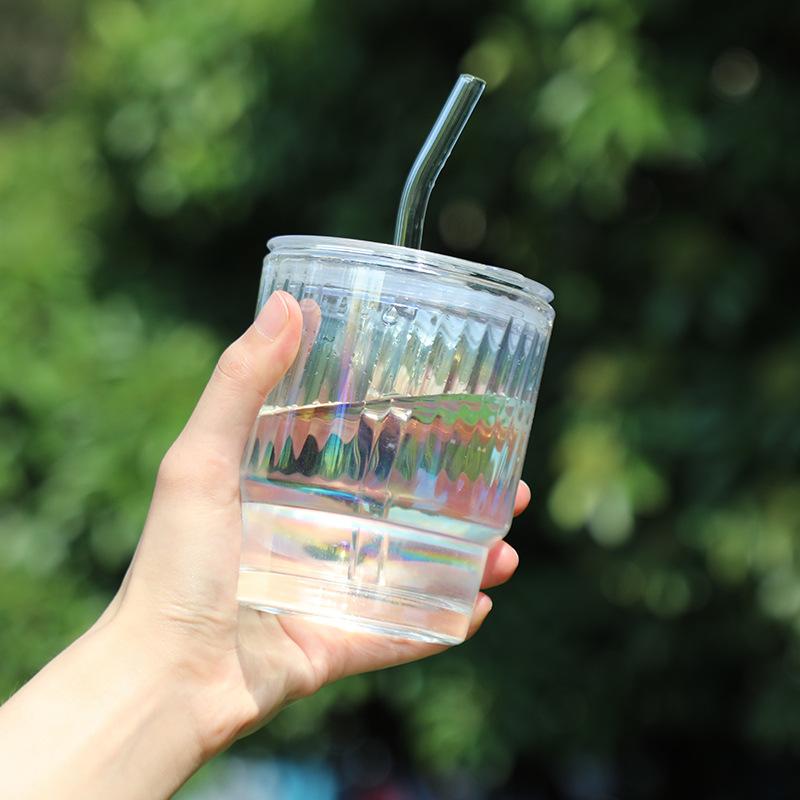 Tasse en Bambou Laser Colorée, Tasse à Eau en Verre pour Bureau, Tasse à Café Simple pour Boisson Ménagère avec Couvercle, Tasse à Paille Transparente