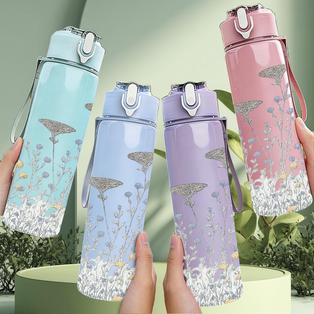 1PC Wild Grass Daisy Floral Border 750ml Color Plastic Sports Water Bottle Leakproof Flip Straw Lid For Sports Office Home Use