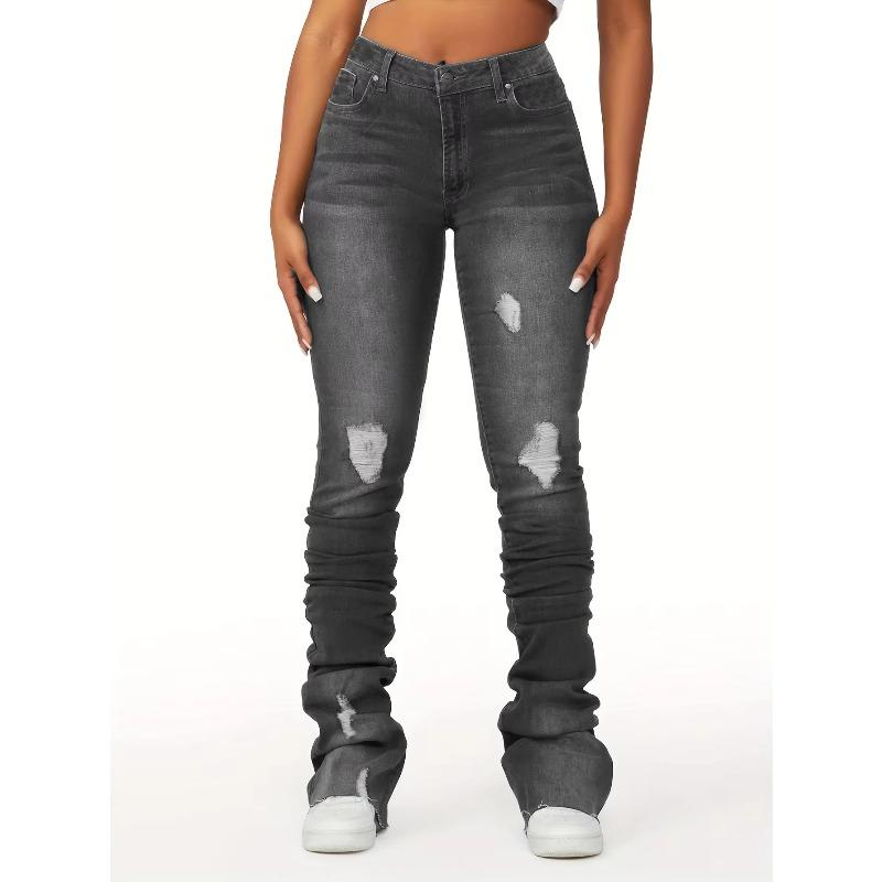 VibeStreet Washed Denim Straight Pants Women Ankle Length Jean Ripped Hole Distressed Pockets Solid Casual Skinny Vintage High Waist