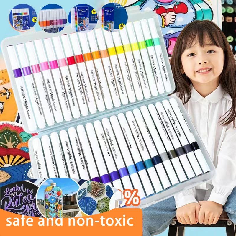 Acrylic Markers Set 60/48/36/24/12 Color Children Painting Coloring Pen Brushes Waterproof Diy Rock Art Drawing School Supplies