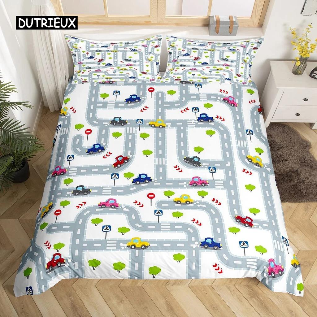 Kids Equipment Trucks Duvet Cover King Boys Cartoon Car Bedding Set Construction Highway Comforter Cover Set