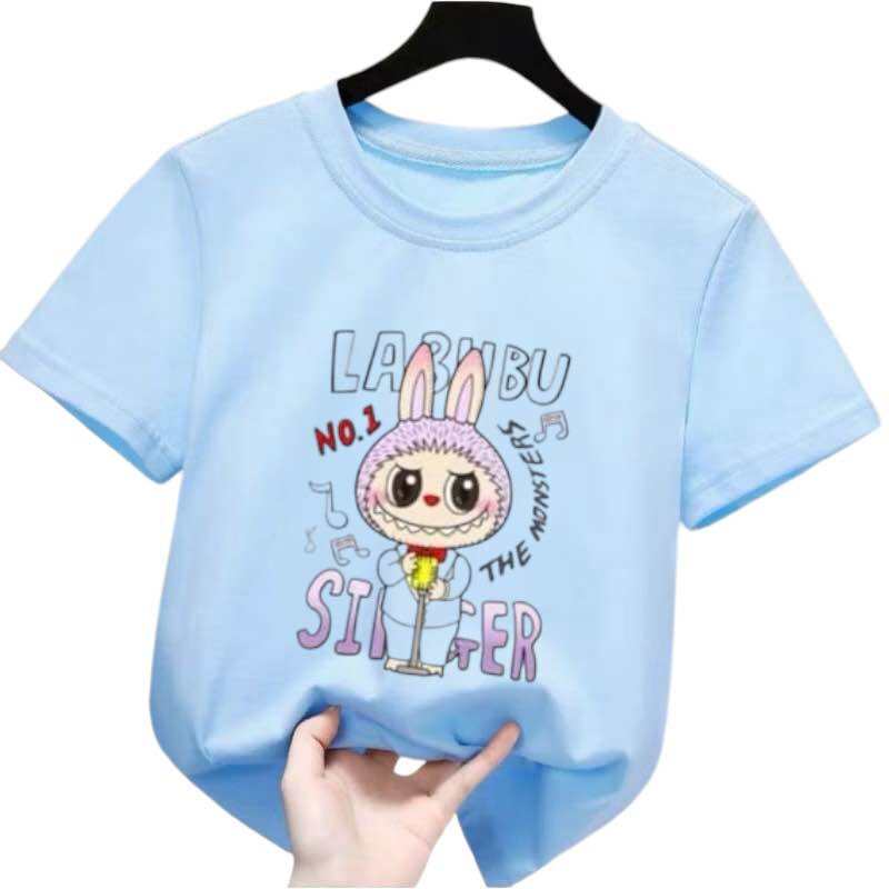 New Labubu Children's T-shirt Scarf Musician LABUBU Pattern Girl Round Neck Short Sleeve Casual Versatile Clothing
