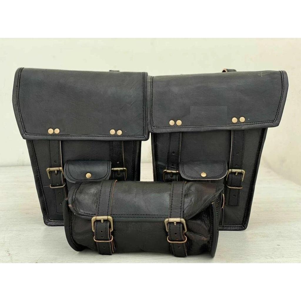 Hand-Crafted Black Leather 3 Saddle Bag Motorcycle Swingarm 2 Storage Tool Pouch