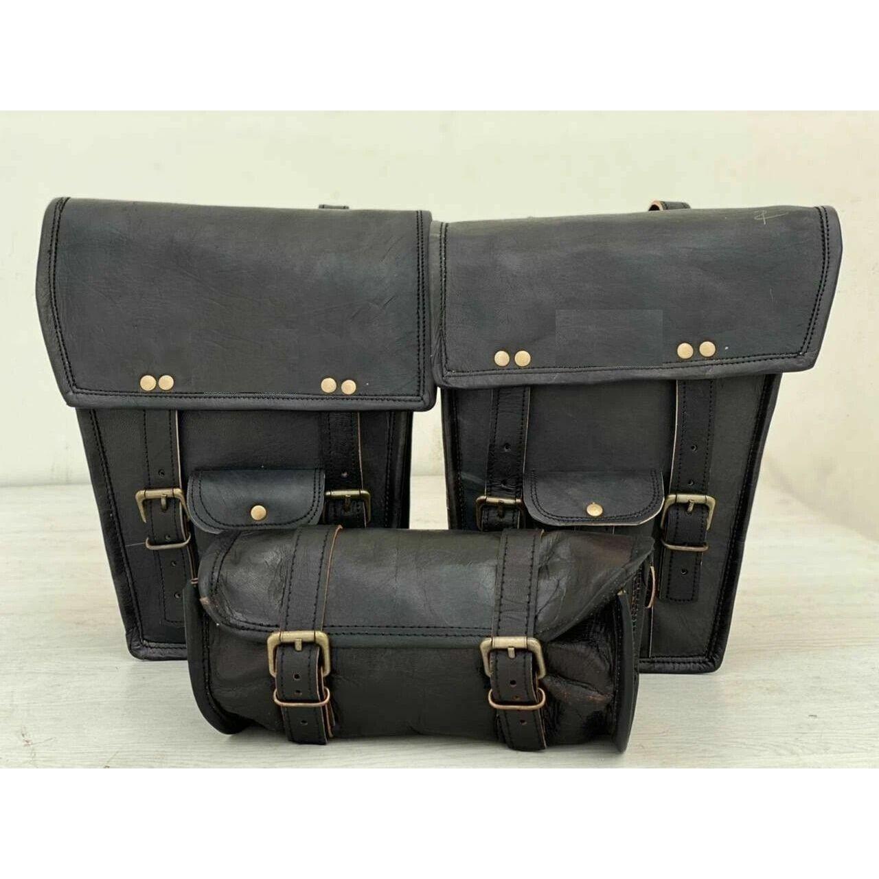 

Hand-Crafted Black Leather 3 Saddle Bag Motorcycle Swingarm 2 Storage Tool Pouch