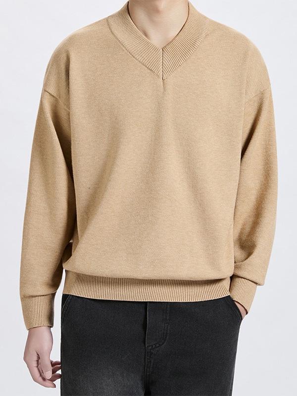 Unisex Solid Color V-Neck Knit Sweater - Trendy Korean Style, Versatile & Casual, Loose Long-Sleeve Top