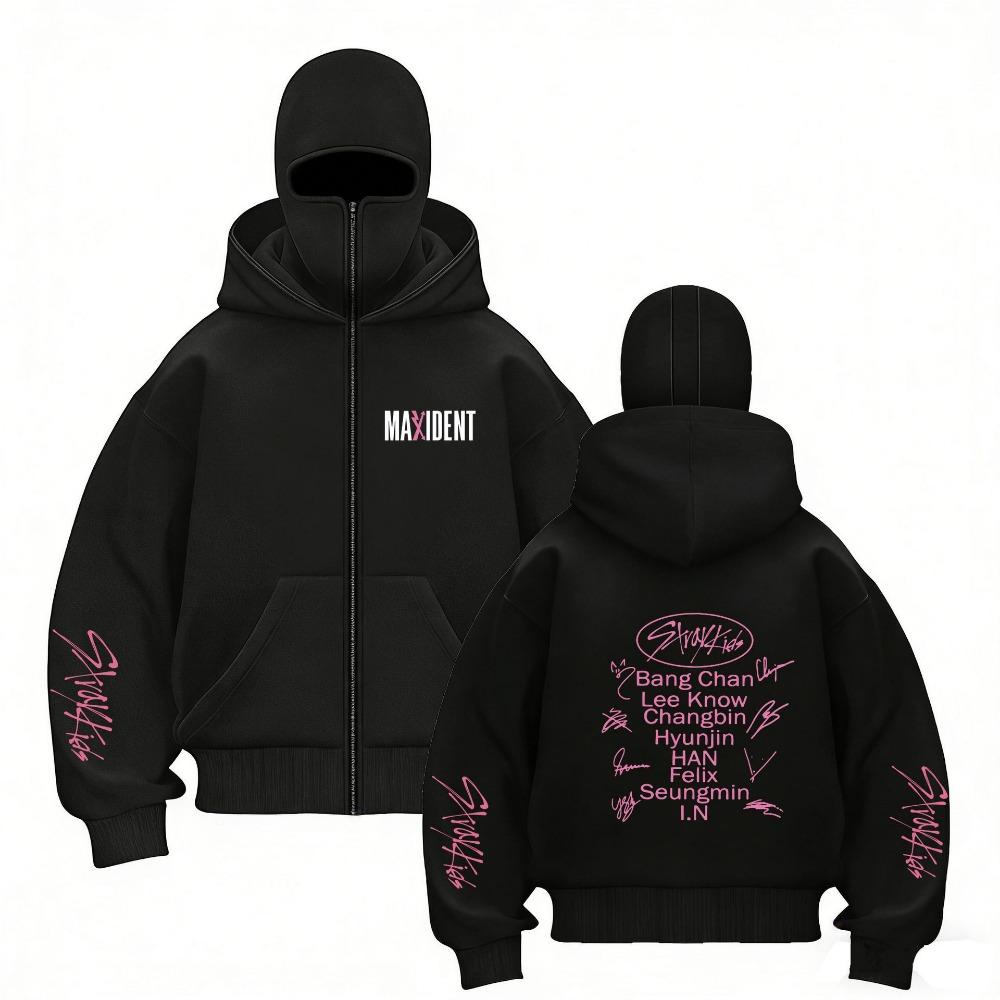 Stray Kids Europa Konzertbereich Harajuku Aufdruck Doppelhut Reißverschluss Pullover Unisex Mantel