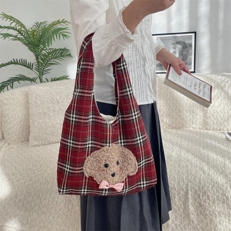 11 Autumn and Winter New Embroidered Puppy Cute Plaid Shoulder Bag Leisure Student Class Handbag