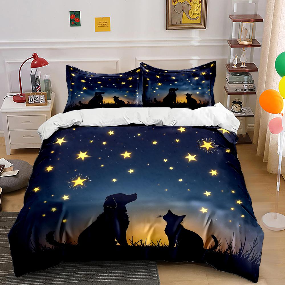 Dog and Cat Under Starry Sky Print Bedding Set 1 Duvet Cover 2 Pillowcases for Adult and Children Luxury Gift Full Size