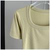 Plus Size Women Square Neck Short Sleeve Tee Ribbed Standard Shoulder Slim Summer Top