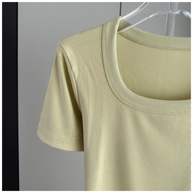 Plus Size Women Square Neck Short Sleeve Tee Ribbed Standard Shoulder Slim Summer Top