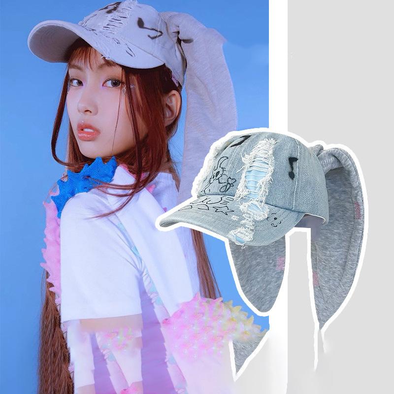 Yiran Dayang Hat Women's Dark Niche Y2k Rabbit Ears Denim Ripped Baseball Cap Men And Personality Metal Ring Street Trend Adjustable Sports Hat 54-58Cm