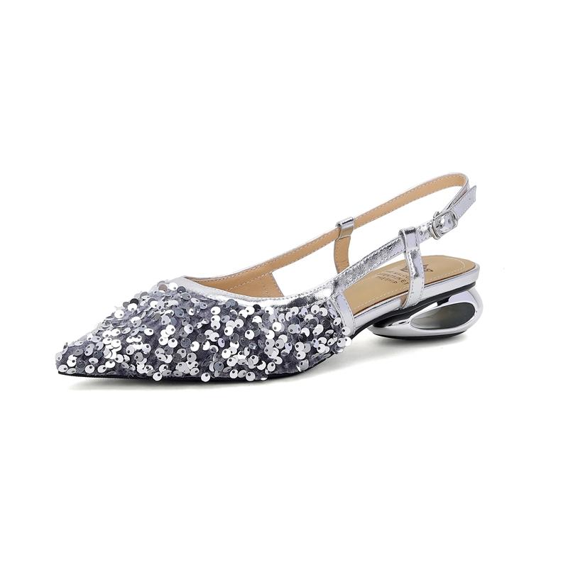 Fashion 2024 Women's New Nightclub Pointed Shining Metal Elastic Buckle Leather Cowhide Comfortable Low Heel Large Headed Muller Sandals