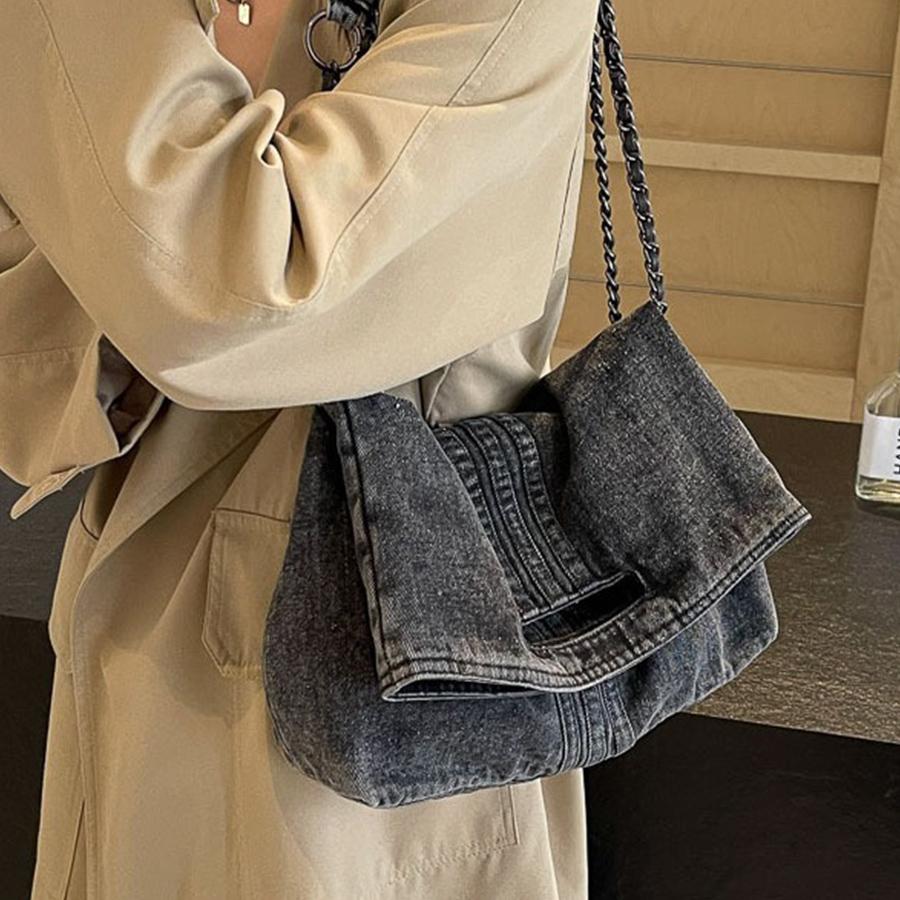 Denim Chain Crossbody Bag,Summer New Casual Women Fold Shoulder Bag,Trendy Commuter Tote Bag for Daily Travel Work Purse Handbag
