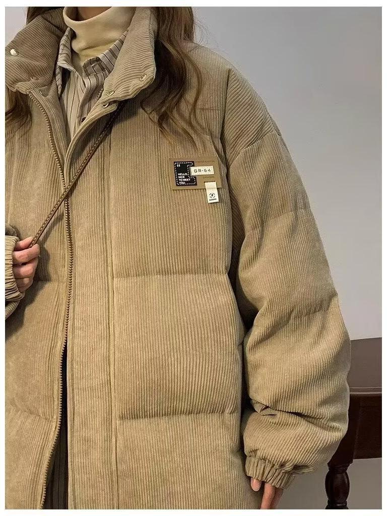 American Style Corduroy Patchwork Cotton Jacket - Stand Collar, Loose Fit, Thick Padded Winter Coat.