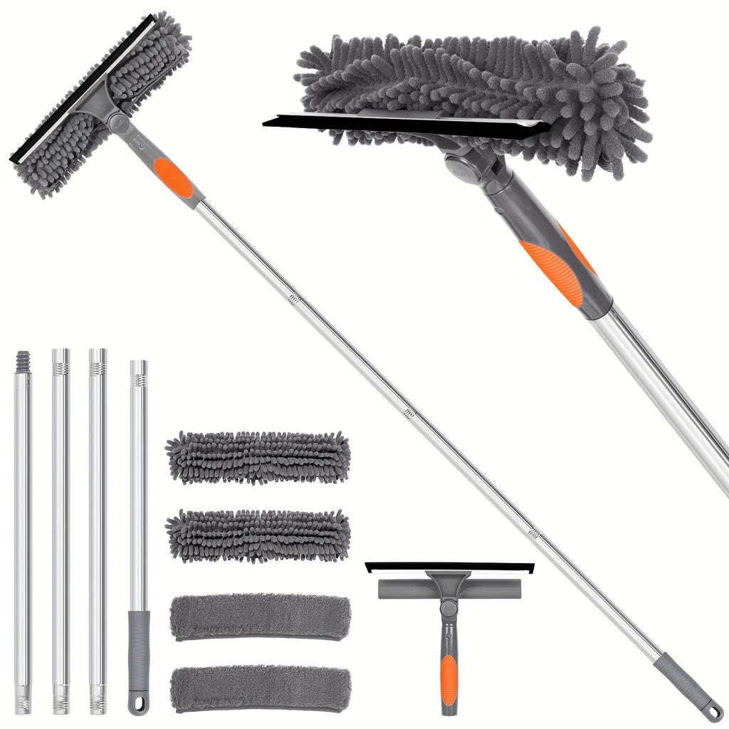 2-in-1 High Window Cleaning Scraper Set (Includes 1 Rotating Head and 4 Replaceable Brush Heads) (Includes Extension Pole)