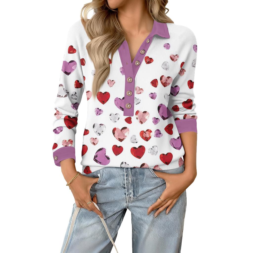 Damen Retro Street Lässiger V-Ausschnitt Langarm Knopf Valentinstag Herz Pullover Top
