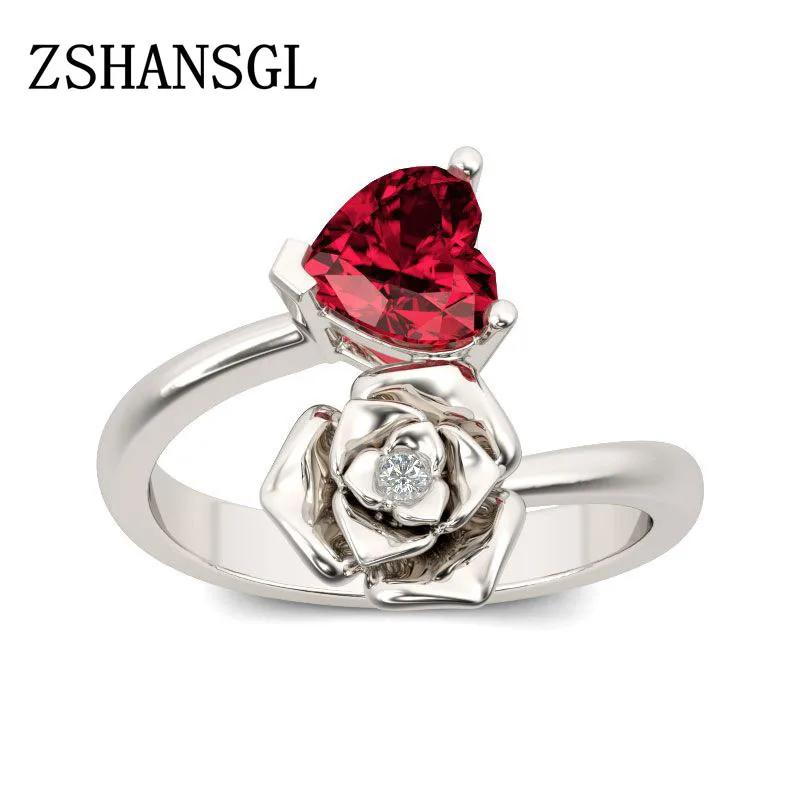 

Simple Female Rings Sterling Silver Love Heart Cute Red Zircon&Flower Enamel Finger Rings for Women Wedding Bijoux 6