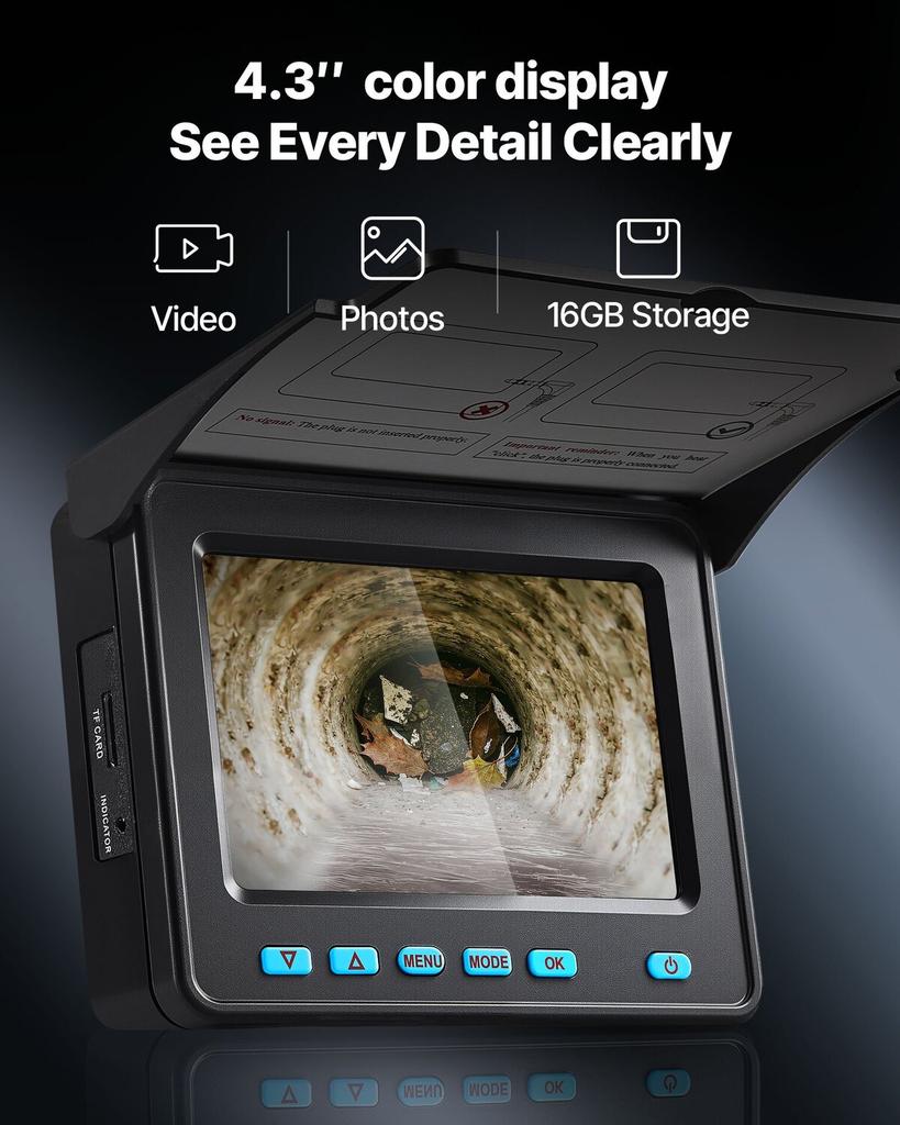 Sewer Camera, 30m Drain Inspection Camera, IP68 Waterproof Snake Plumbing Cameras with Lights - 6 Adjustable LEDs, 4500mAh Battery & 16GB Card for