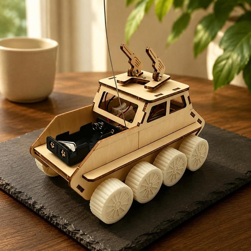 RemoteControl Tank Car Light Wood Finish Cut Wooden Vehicle Kit TurretRotating Top Piece DIY Armored