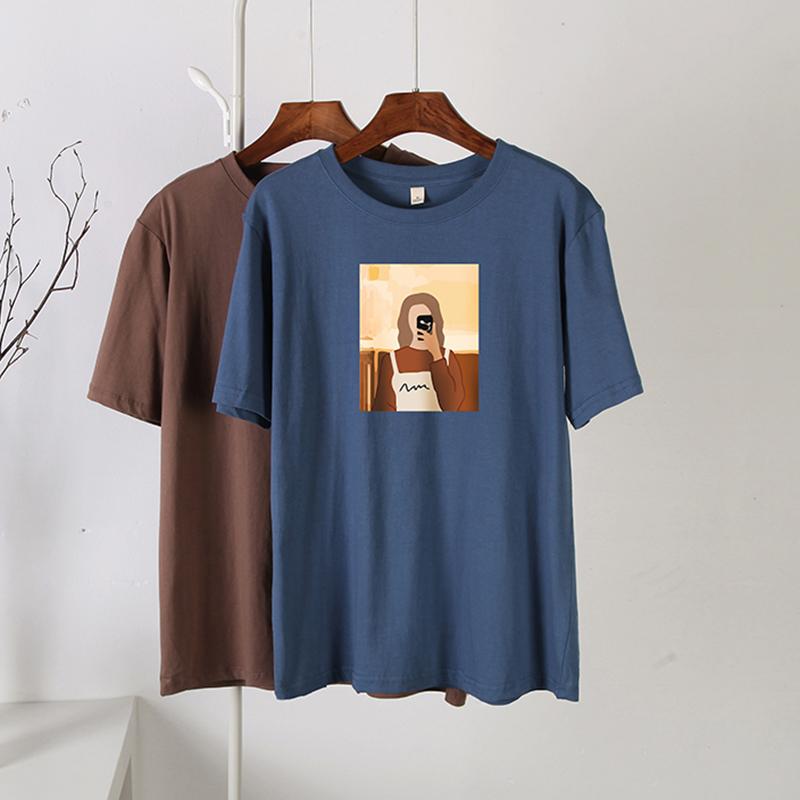 Hirsionsan Koreanska grafiska T-shirts Dam Sommar Casual Lös O-hals Kortärmade T-shirts Kvinnliga vintagetryckta 100 % bomull Toppar