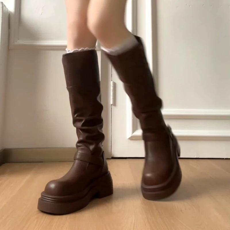 Autumn Winter Platform Thick Bottom Woman Knee High Boots Shoes Ladies Elegant Belt Buckle Knight Booties