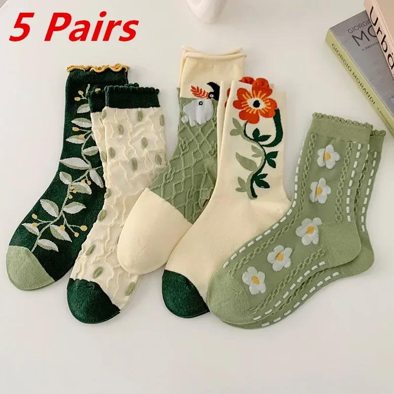 5 Pairs Lot Women Socks Cotton Japanese Korean Style Cute Flower Print Hajuruku Kawaii Floral Breathable Casual Sweet Socks