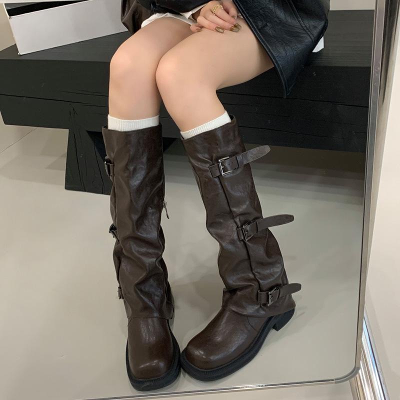 

Boots Women s Boots Winter New Stacked Skinny Boots Side Zipper Round Head Belt Buckle Thick Heel Boots 40