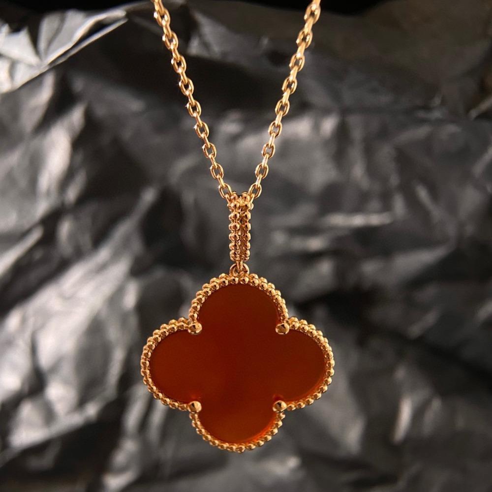 Large Flower Double-sided Four-leaf Clover Necklace for Women Natural White Mother-of-pearl Carnelian Sweater Chain