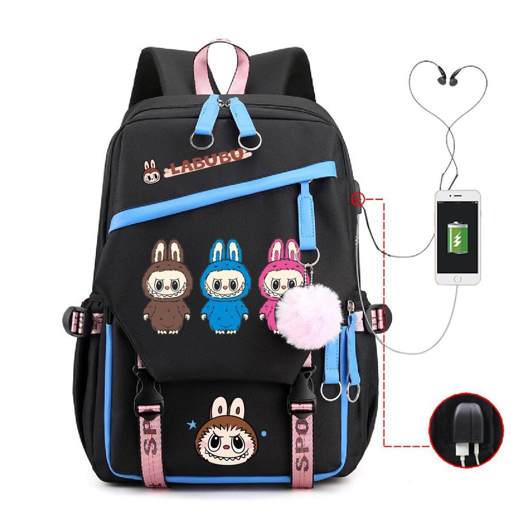 Labubu printed student schoolbag multi-function large capacity backpack with USB port