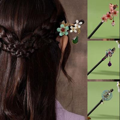 Chinese Flower Hair Sticks Handmade Hair Stick Pins Decorative Wooden Hairpins  For Women Girls
