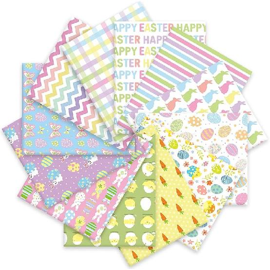 Whaline 12Pcs Easter Cotton Fabric Bundles 18 X 22 Inch Easter Bunny Egg Carrot Printed Fat Quarters Happy Easter Quilting Patchwork Squares Sewing