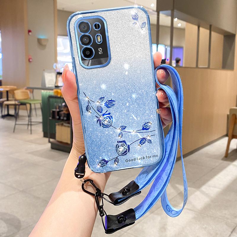 

KADEM Back Shell for Oppo A95 5G/F19 Pro+ 5G/Reno5 Z/A94 5G,Glitter Rhinestone Decor Flower Design TPU Smartphone Anti-drop Case with Strap Blue