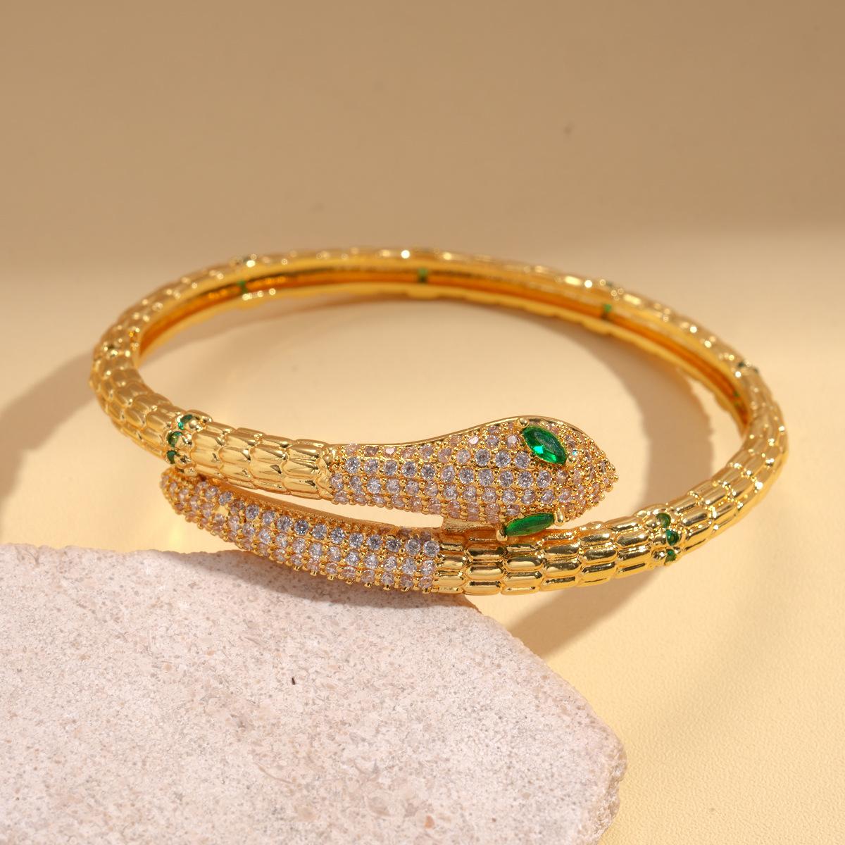 18K real gold electroplating European and American metal sense zircon snake bracelet retro niche jewelry