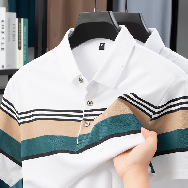 Maglietta Polo da Uomo con Collo a Revers T-shirt Estiva a Righe Color Contrastanti Delicata sulla Pelle Manica Corta Top da Uomo per Affari