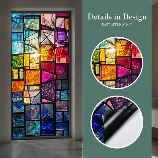 Static Cling Window Film, Full Blackout, Colorful Geometric Privacy UV Blocking, Reusable Heat Insulation Window Sticker for Home Office