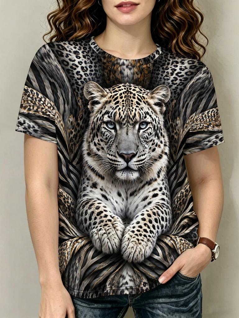 Women's Fashion Short Sleeve T-Shirts 3D Leopard Print Animal Tees Summer Women's Casual Quick-Dry Pullovers Streetwear Y2k Tops