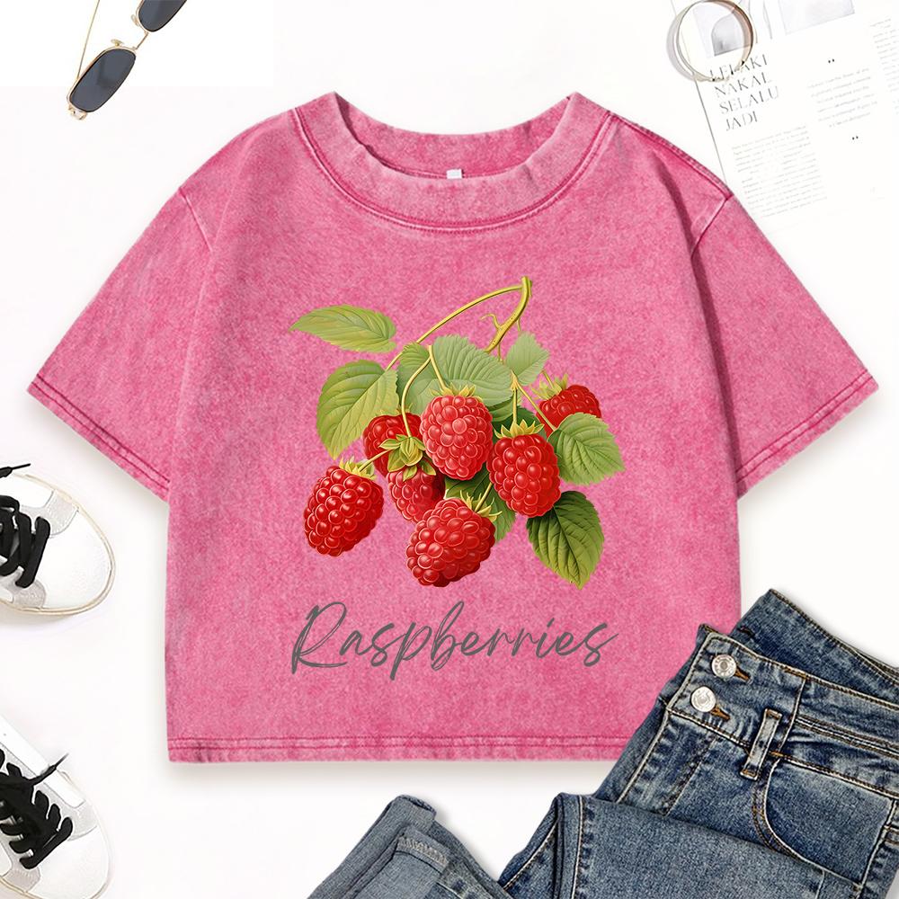 Fresh Red Raspberries Print Female Washed Crop T Shirts Summer Cotton Streetwear Fitness Vintage Top T-Shirt