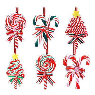 6pcs/set Lovely Candy Cane Christmas Tree Decorations Multi Styles Soft Clay Lollipop Hanging Ornament XmasTree Pendant