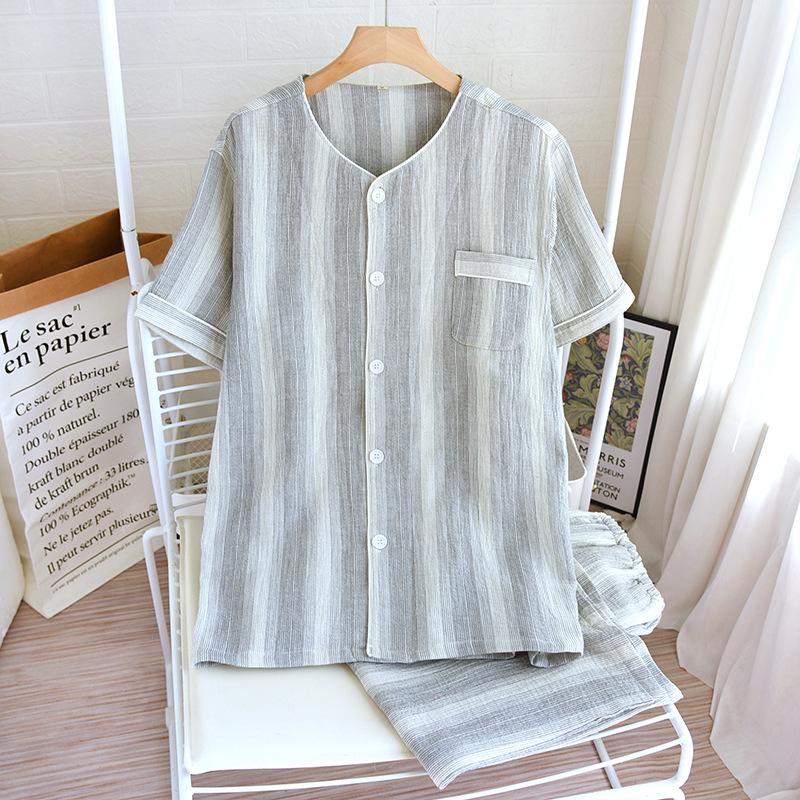 Summer New Couple Pajama Set 100% V-neck Men's and Women's Short Sleeves+Capris Two Piece Thin Cardigan Home Furnishing